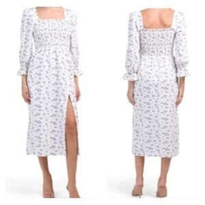 House of Harlow 1960 Linen Smocked Floral Blue White Midi Cottage Dress Women M